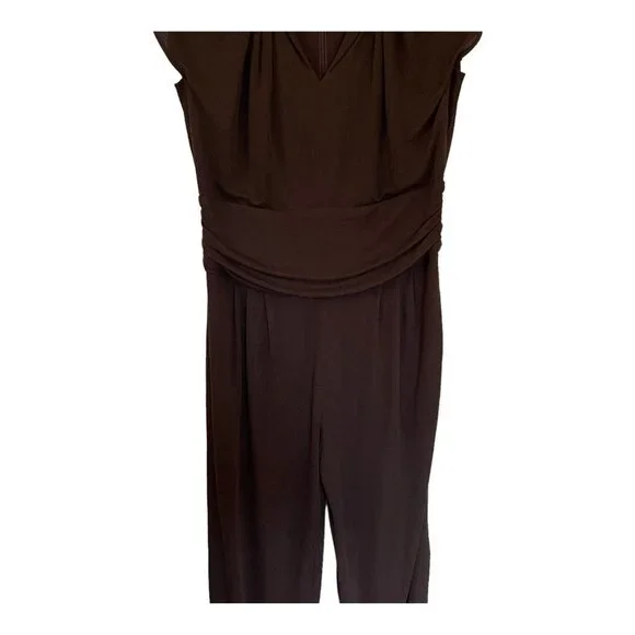 Escada Size M Gold Chain Link V-Neck Brown Jumpsuit Short Sleeve Designer